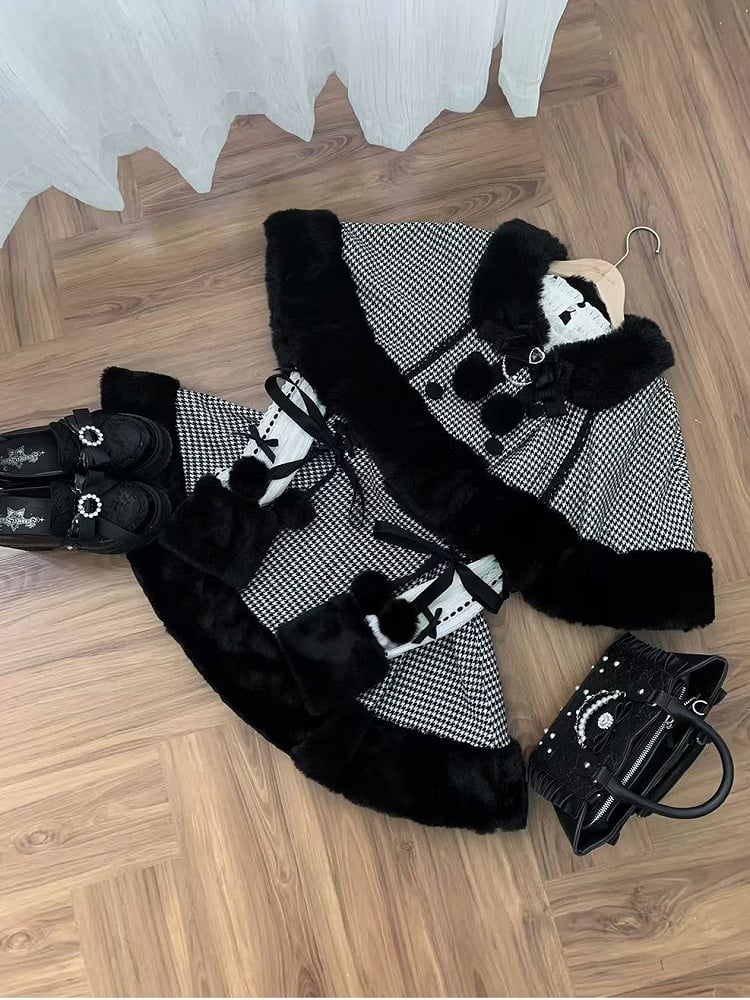 [reservation Deadline February 7th] Retro Check Black Fur Cape + Skirt + Inner Top