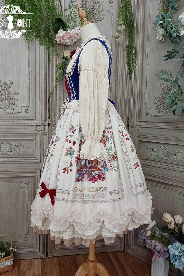 Ivory [ode to Plenty] Berries and Birds Print Ruffle Bowknot Velvet Classic Lolita Breast Support Jsk Dress