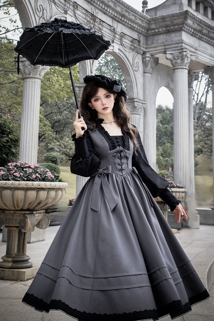 Grey [mist Chronicle] Square Collar Long Sleeves Bowknot Lace-up Color-block Fake Two Pieces Classic Lolita Dress