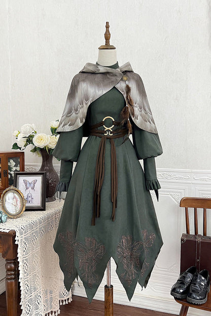 Dark Green Stand Collar Long Sleeves Ruffle Embroidery Classic Lolita Dress Set