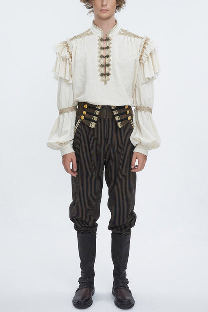 Beige Stand Collar Lantern Sleeves Multi-layer Ruffle Gothic Blouse