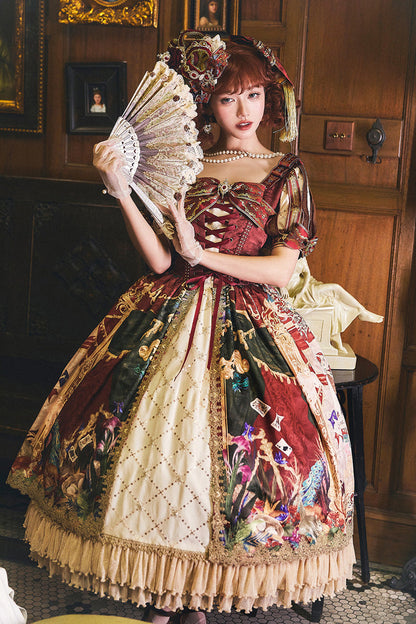 Red [kaleidoscope of Dreams] Double-layered Print Embroidery Bowknot Lace-up Classic Lolita Dress