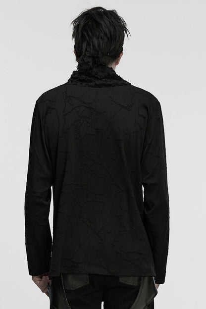Black Stand Collar Long Sleeves Embroidered Ripped Studded Loose Punk T-shirt