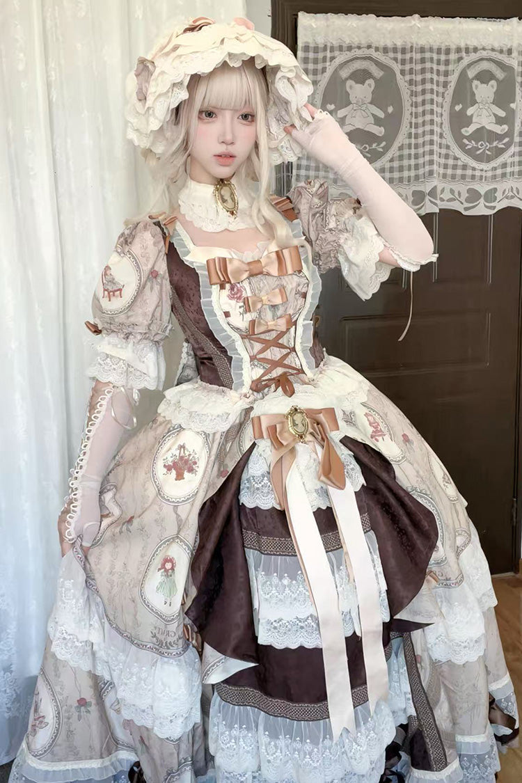 Brown [baker Street Tea Party] Short Sleeves High Waisted Print Ruffle Embroidery Cardigan Bowknot Lace-up Classic Princess Lolita Dress