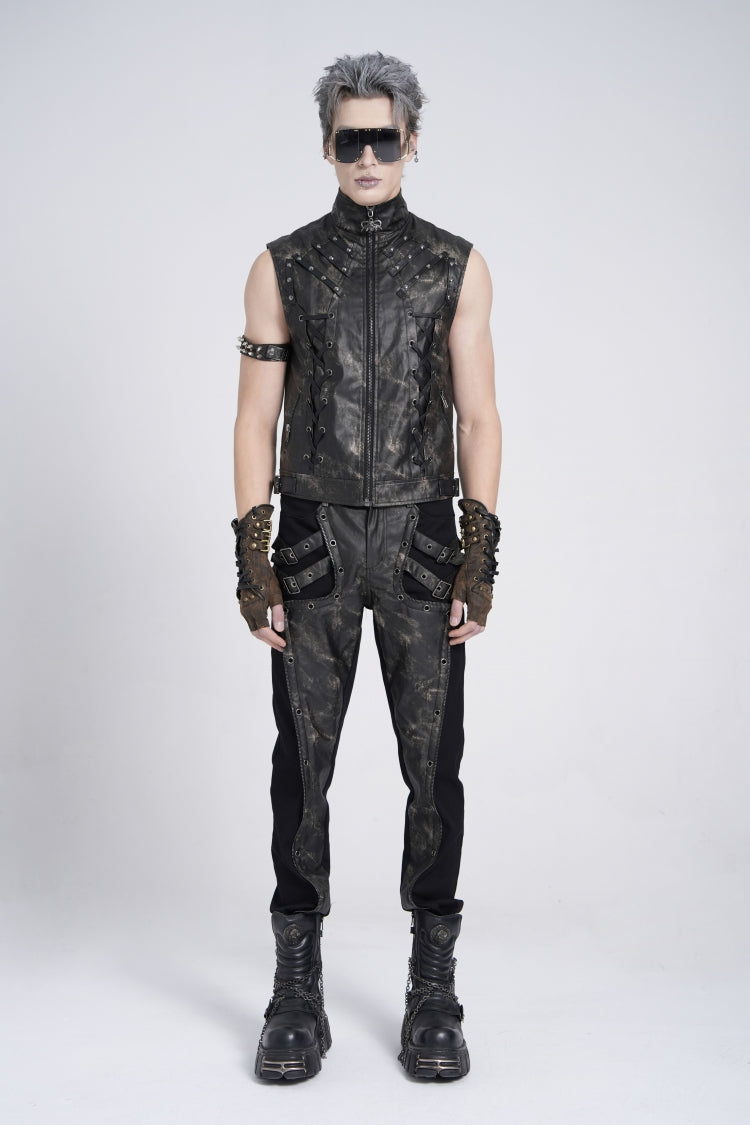 Black Stand Collar Sleeveless Strappy Stitching Zipper Gothic Vest