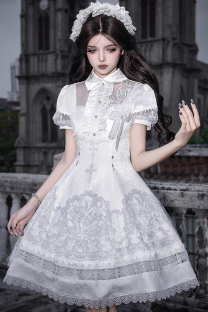 White Lapel Collar Short Sleeves Printed Ruffled Lace Classic Gothic Lolita Dress