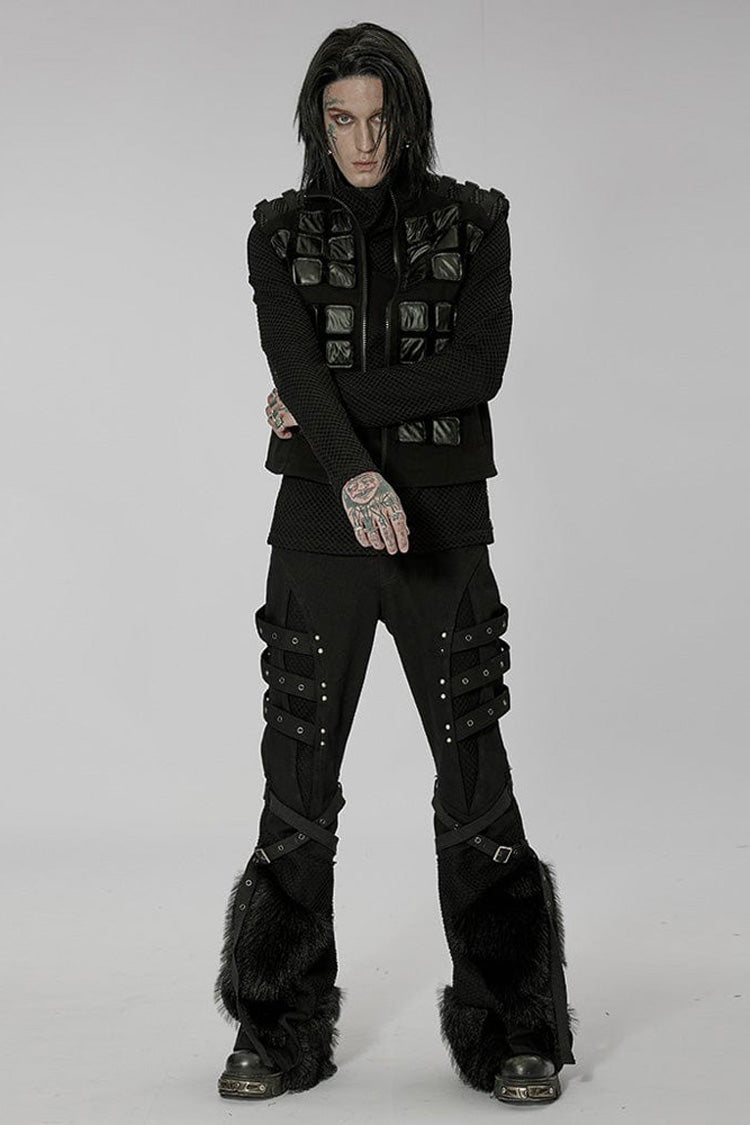 Black Punk High Collar Front Geometric Patterns Splicing Design Shoulder Padded Webbing Buckle Twill Vest