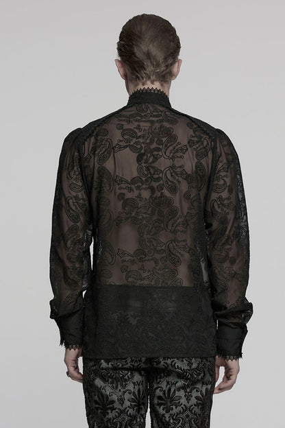 Black Stand Collar Chiffon Long Sleeves Hollow Embroidery Gothic Blouse