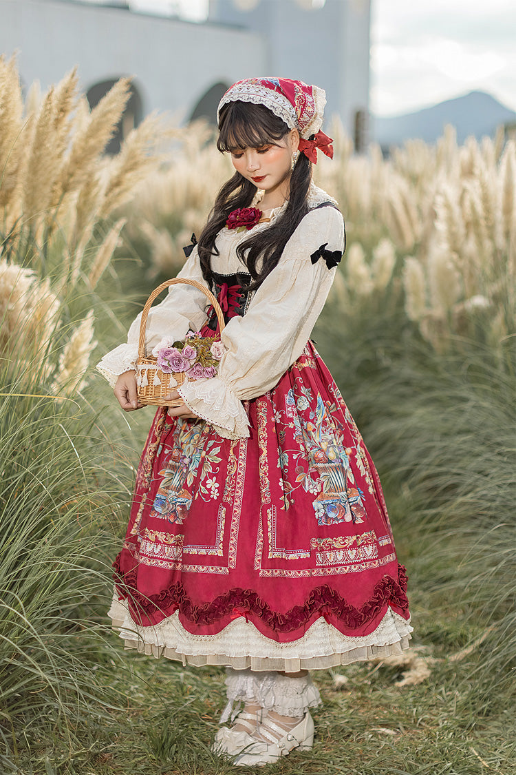Wine Red [ode to Plenty] Berries and Birds Print Ruffle Bowknot Velvet Classic Lolita Breast Support Jsk Dress