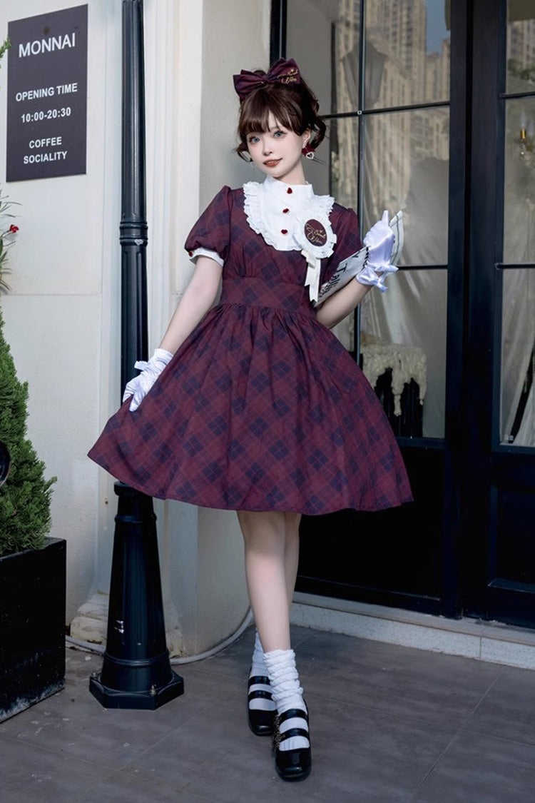 Showa Summer Plaid Print Daily Short Sleeves Classic Princess Lolita Dress 2 Colors