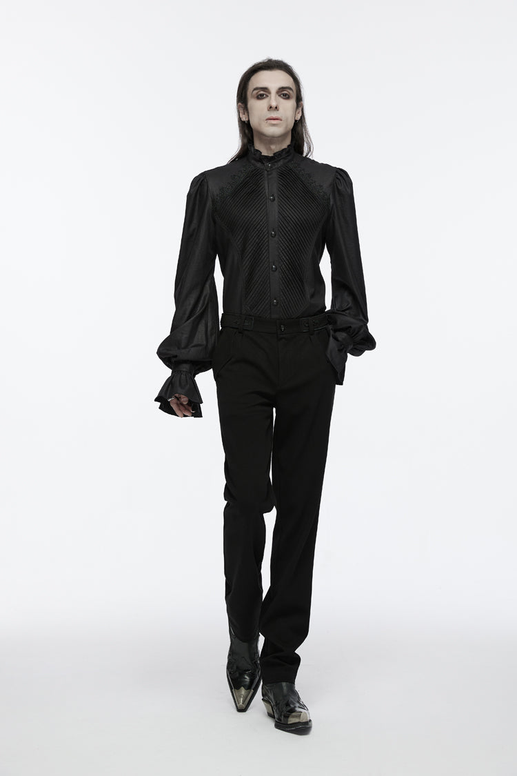 Black Stand Collar Long Puff Sleeves Crochet Gothic Blouse