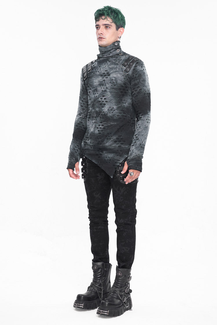 Grey/black Lrregular Ripped Stand Collar Punk Shirt