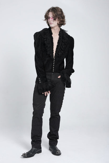Black V Collar Long Sleeves Ruffle Stitching Lace Gothic Blouse