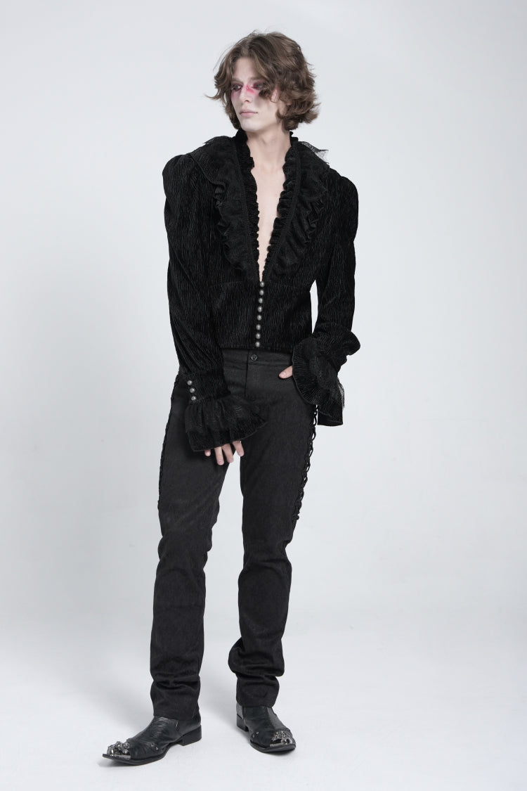 Black V Collar Long Sleeves Ruffle Stitching Lace Gothic Blouse
