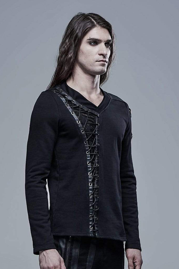 Black Long Sleeve Knit Front Splice Imitation Leather Lace Up Punk T-shirt