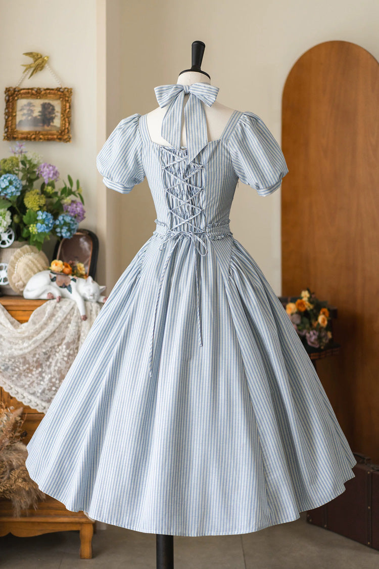 Light Blue [chantilly Forest] Square Collar Short Sleeves Striped Printed Ruffled Classic Lolita Dress
