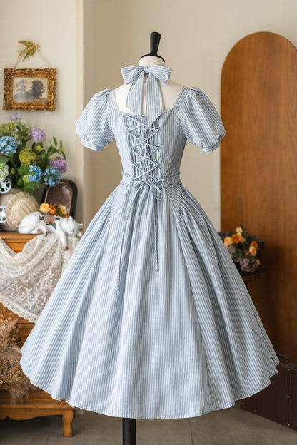Light Blue [chantilly Forest] Square Collar Short Sleeves Striped Printed Ruffled Classic Lolita Dress
