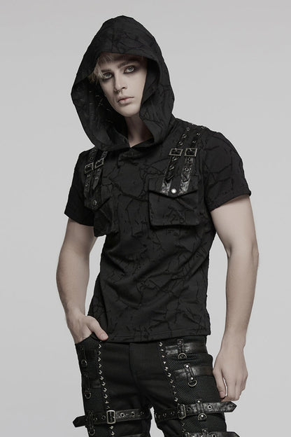 Black Short Sleeves Big-pocket Tie-dyed Hooded Punk T-shirt