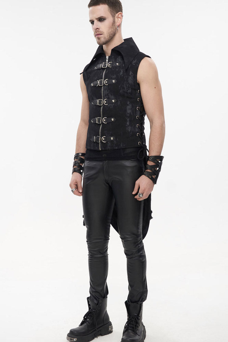 Black Punk Irregular Print D-shaped Buckle Decoration Waist Side Slits Tied Rope Tight Zipper Dovetail Vest