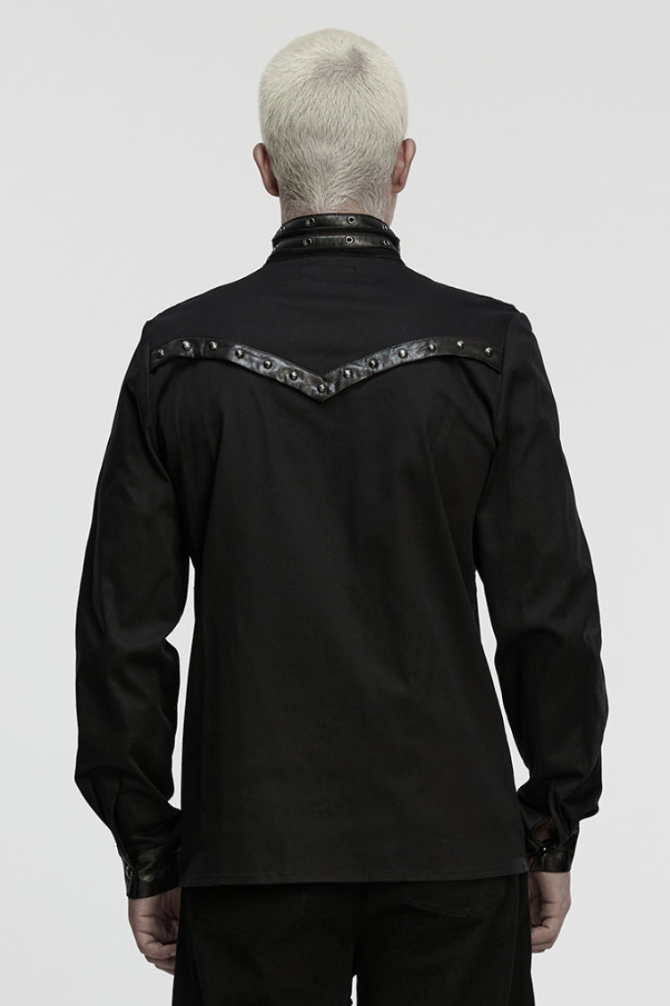 Black Stand Collar Long Sleeves Rivet Buckle Straps Eyelet Punk Blouse