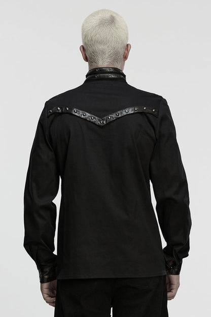 Black Stand Collar Long Sleeves Rivet Buckle Straps Eyelet Punk Blouse