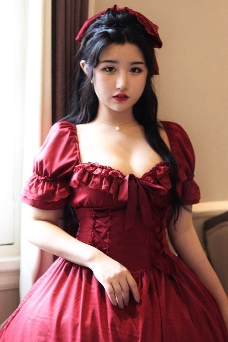 Red Short Puff Sleeves Multi-layered Ruffle Bowknot Classic Lolita Dress