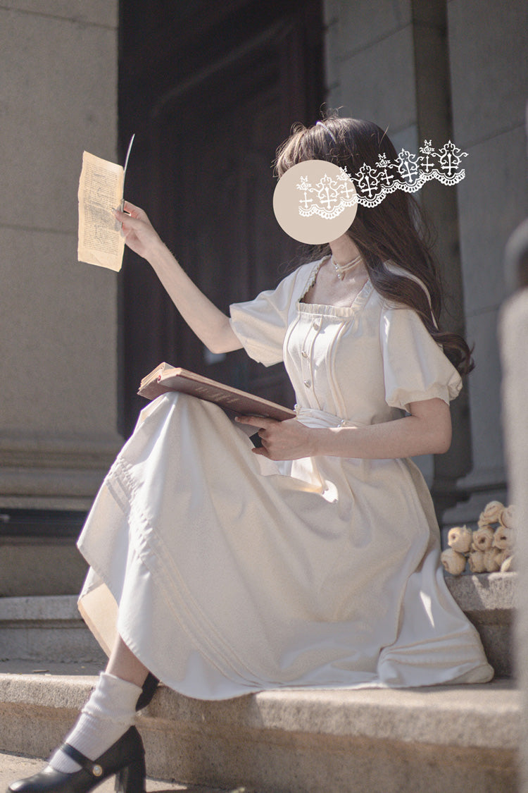 Apricot [random Thoughts] Square Collar Short Sleeves Ruffle Classic Lolita Dress