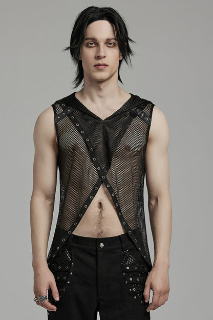 Black Sleeveless Irregular Hooded Mesh Eyelet Punk Vest