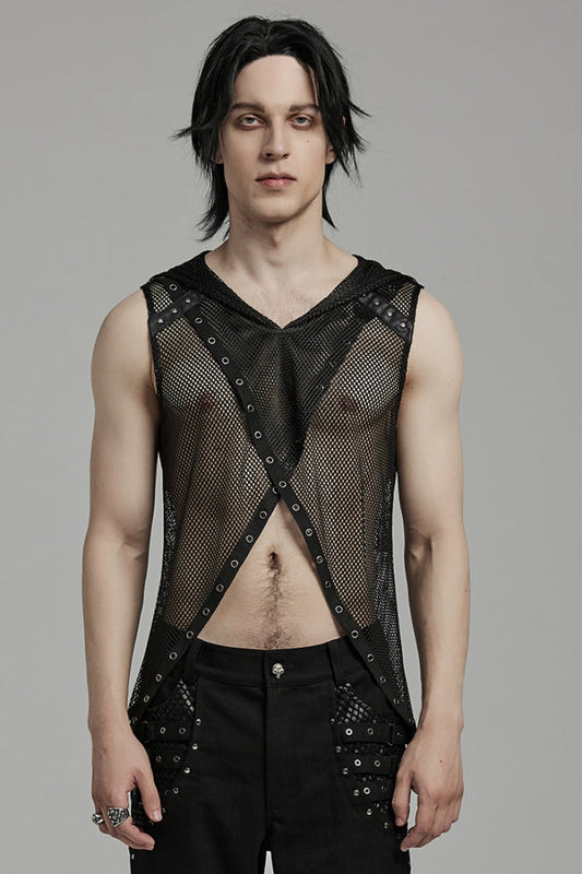 Black Sleeveless Irregular Hooded Mesh Eyelet Punk Vest