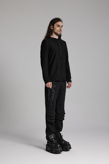 Black Round Collar Long Sleeves Triangle Buckle Punk T-shirt