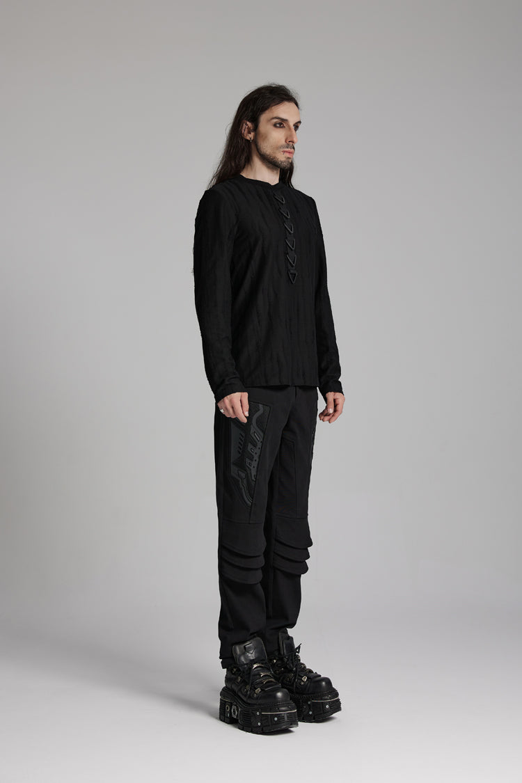 Black Round Collar Long Sleeves Triangle Buckle Punk T-shirt