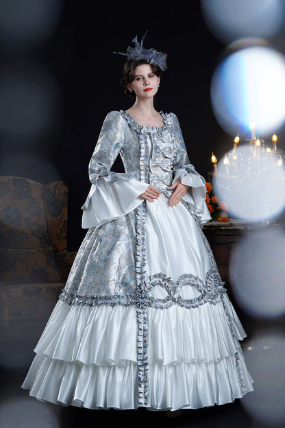 Blue Square Collar Long Trumpet Sleeves Double-layered Ruffled Embroidered Open-front Bow Classic Palace Lolita Victorian Dress