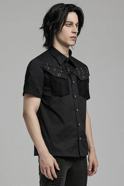 Black Lapel Collar Short Sleeves Mesh Stitching Punk Blouse