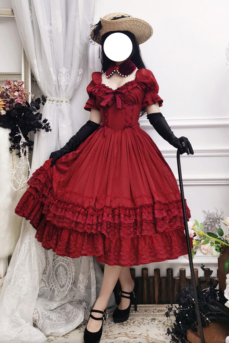 Red Short Puff Sleeves Multi-layered Ruffle Bowknot Classic Lolita Dress