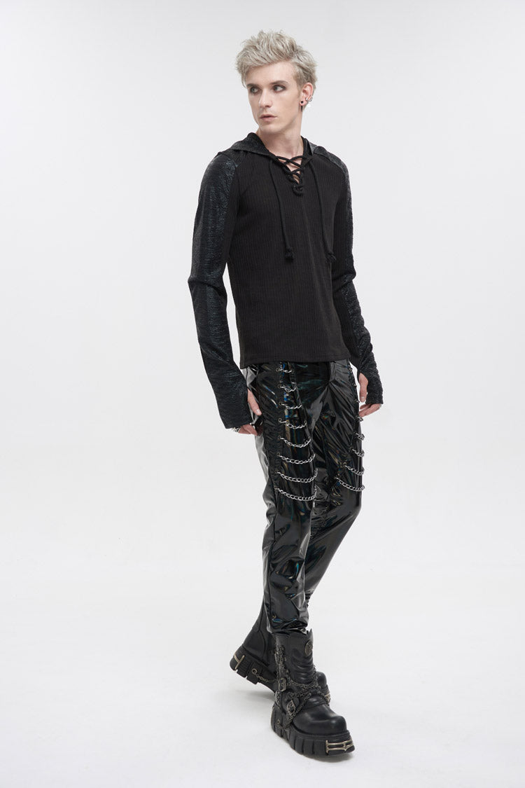 Black Dark Tether V-neck Panel Knit Hooded Punk T-shirt