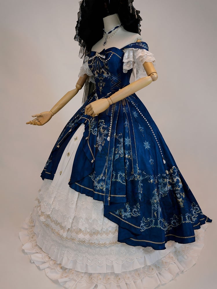 [pre-order Deadline: May 3] Dark Blue White Corset Lace Ribbon Lolita Jsk Princess Dress + Complete Set