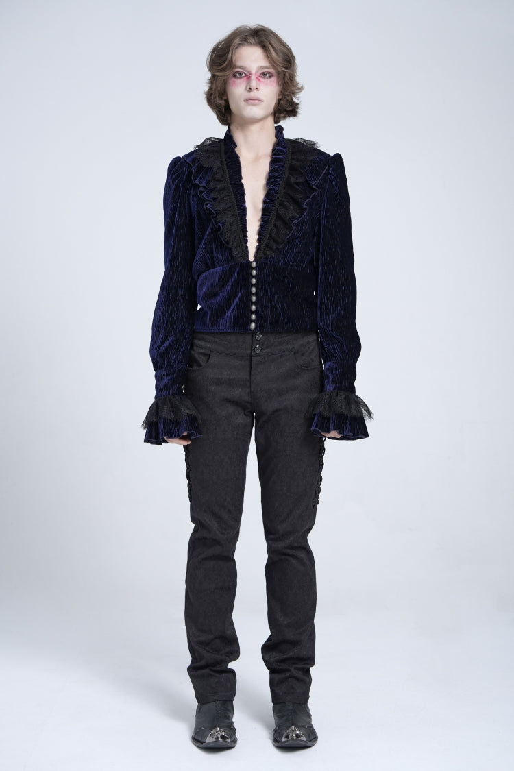 Blue V Collar Long Sleeves Ruffle Stitching Lace Gothic Blouse
