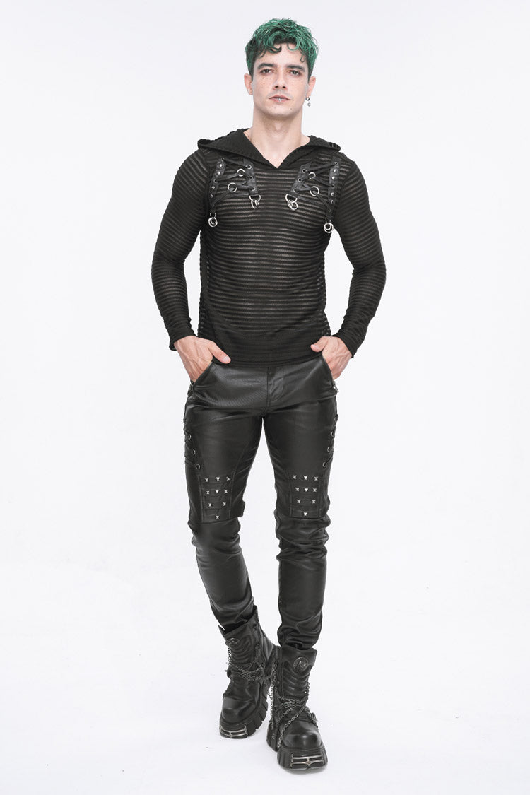 Black Striped Sheer Long Sleeve Punk Sweatshirt Hooded