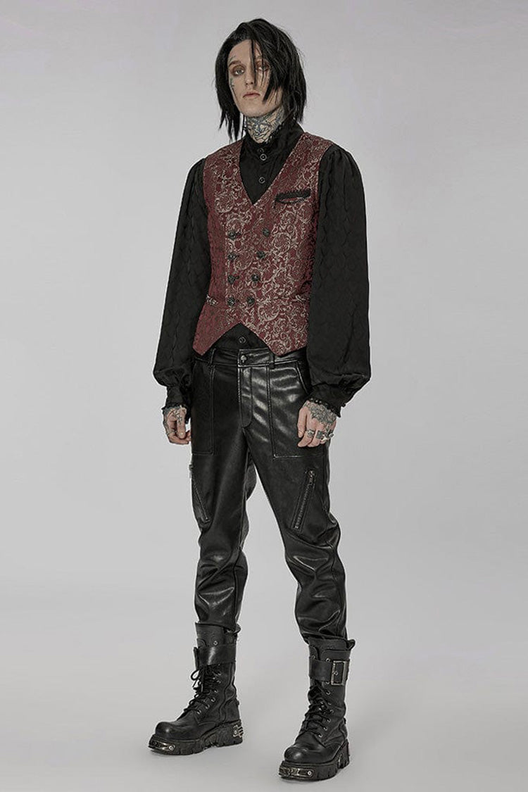 Red Punk V Neck Asymmetrical Relief Sculpture Jacquard Double Row Hand Seam Button Vest