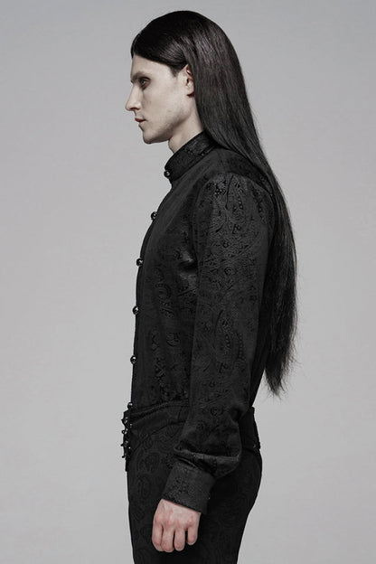 Black Stand Up Collar Long Sleeve Front Gemstone Button Print Gothic Shirt