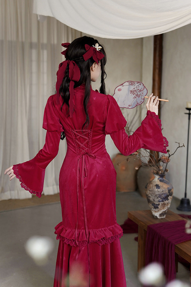 Red Long Sleeves Ruffle Embroidery Bowknot Lace Classic Chinese Style Lolita Dress