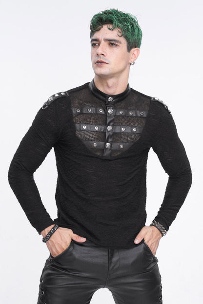 Black Stand Collar Mesh Splice Punk Shirt