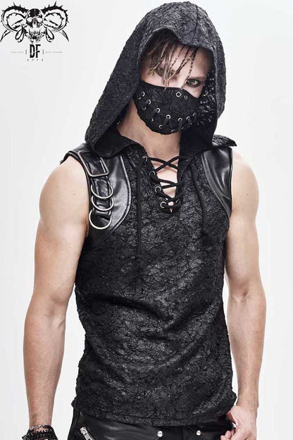 Black Hooded Tattered Chest Lace Up Metal Buckle Knit Punk Vest