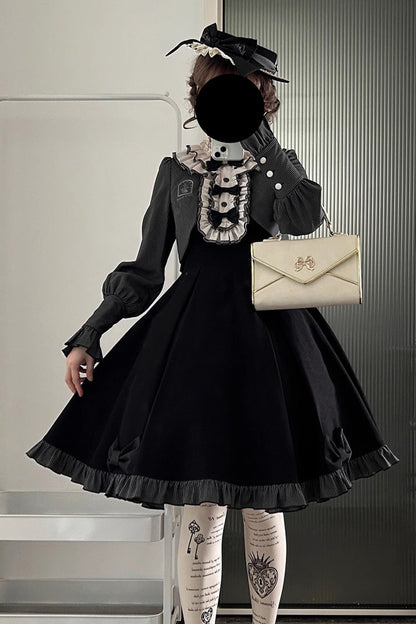 Black [serenade] Long Sleeves Ruffle Bowknot Fake Two Pieces Classic Lolita Dress