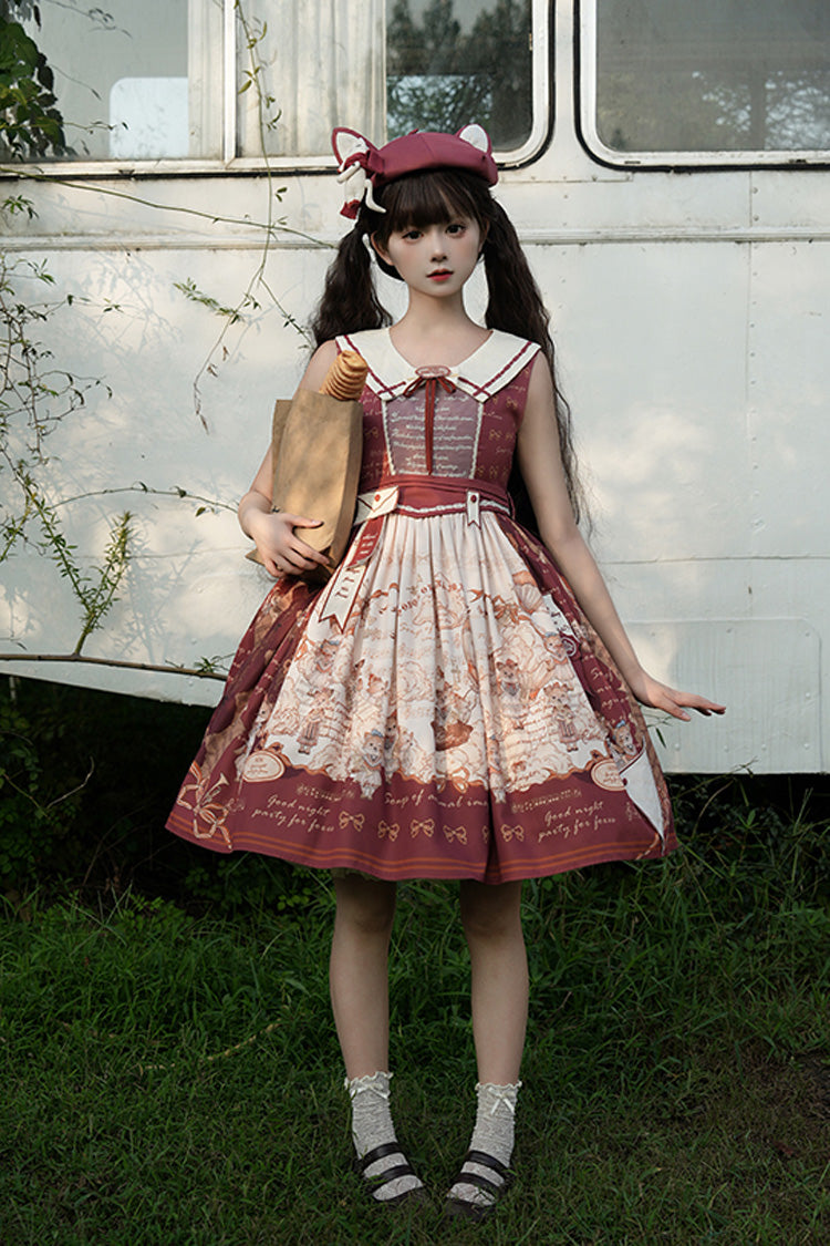 Wine Red [fox Band] Print Square Collar Bowknot Classic Lolita Jumper Dress