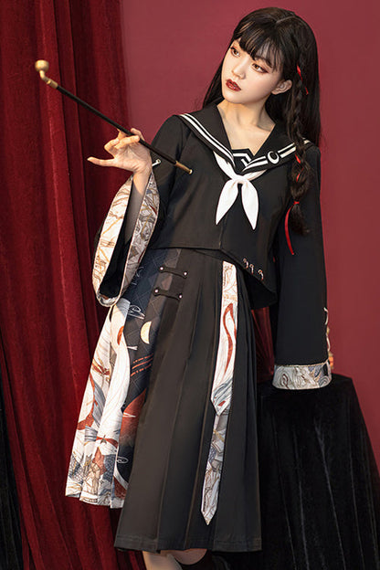 Black Bad Girl Chinese Elements Printed Asymmetric Pleated Skirt Full Set of Classic Lolita Dress