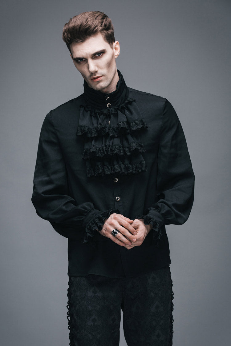 Black Ruffled Lace Button-up Micro-bullet Chiffon Long Sleeve Gothic Shirt