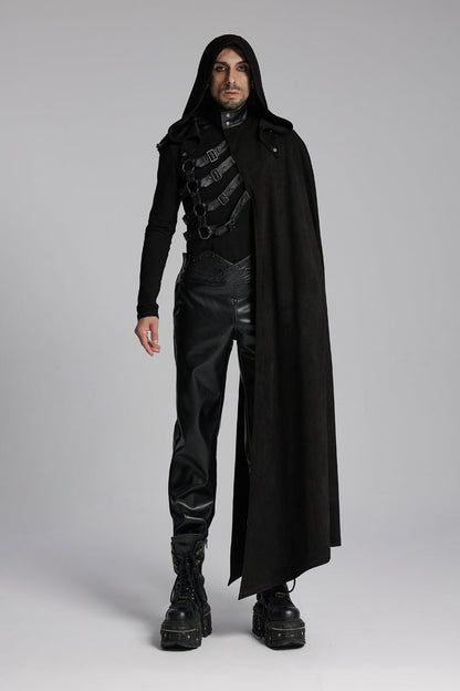 Black Hooded Buckle-up Rivets Punk Cloak