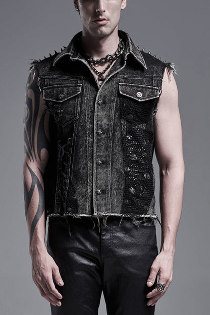 Black Rivets Lapel Collar Sleeveless Steampunk Denim Vest
