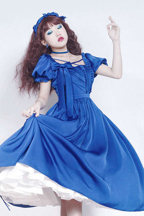 Blue Square Collar Ruffled Puff Short Sleeves High Waisted Classic Lolita Op Dress